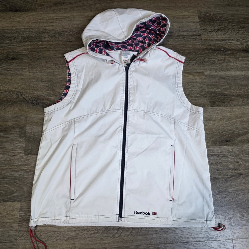 Reebok Womens Large Hooded Windbreaker Vest White Union Jack Lining Vintage 908